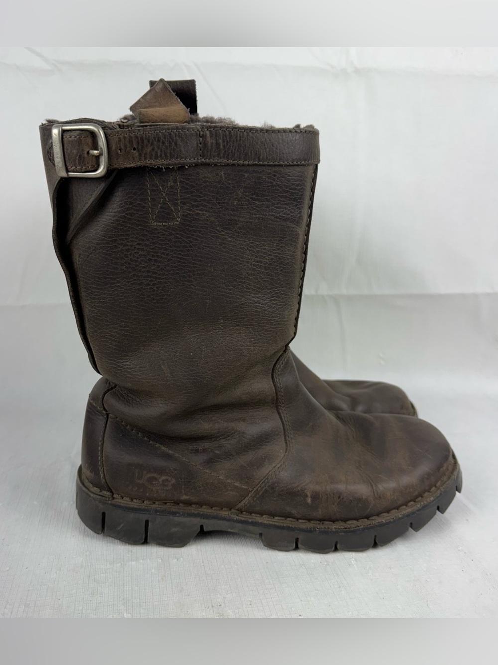 UGG Boots Mens Size 9 Brown Leather Biker Moto Pull On Upper Buckle Shearling